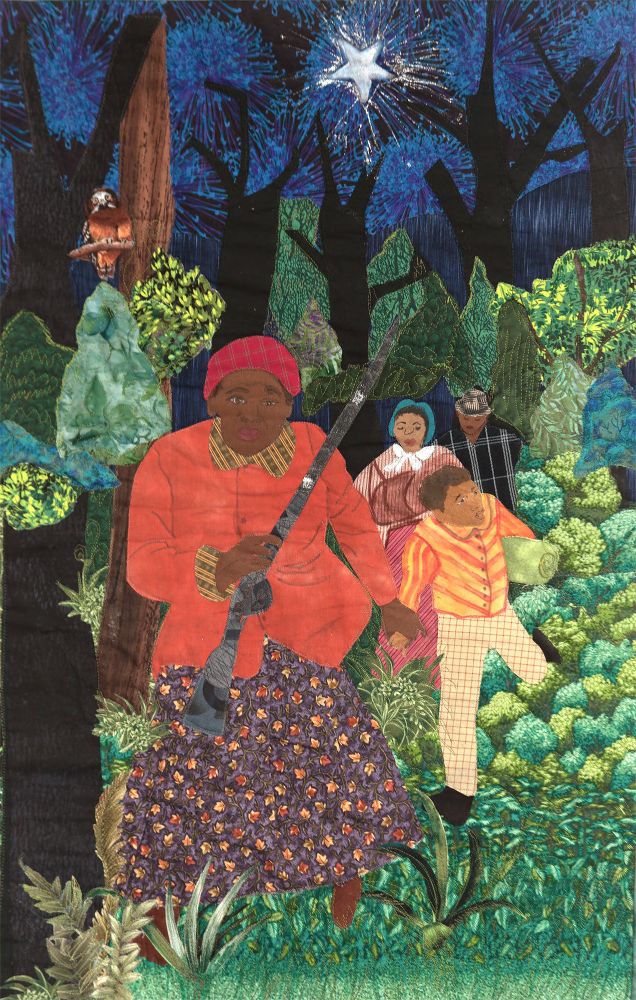 Colorful quilt of a nighttime scene with  Harriet Tubman in an orange jacket and purple dress carrying a rifle. She is leading other figures who walk behind her.