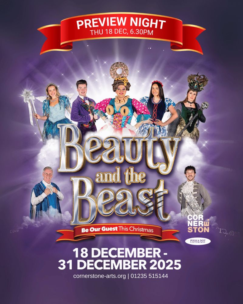 Picture is the colourful cast of Beauty and the Beast including Belle, Prince Adam, Grimalkin and more! Preview night is on Thursday 18 December at 6.30pm