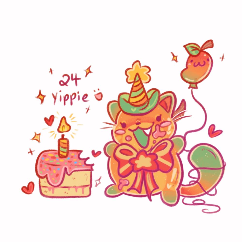 Haden my mango cat looking as silly as can be holding a mango balloon and eating a scrumptious cake. I am 24 now yipeee