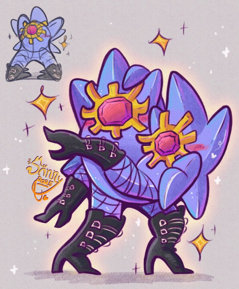 Two mega starmie with high heels and fishnets are posing together. The pose is a reference off of a jojo pose and the heels are from that one scene with patrick star. There’s sparkles glowing around them. There’s also a bonus doodle of a mega starmie in the corner.