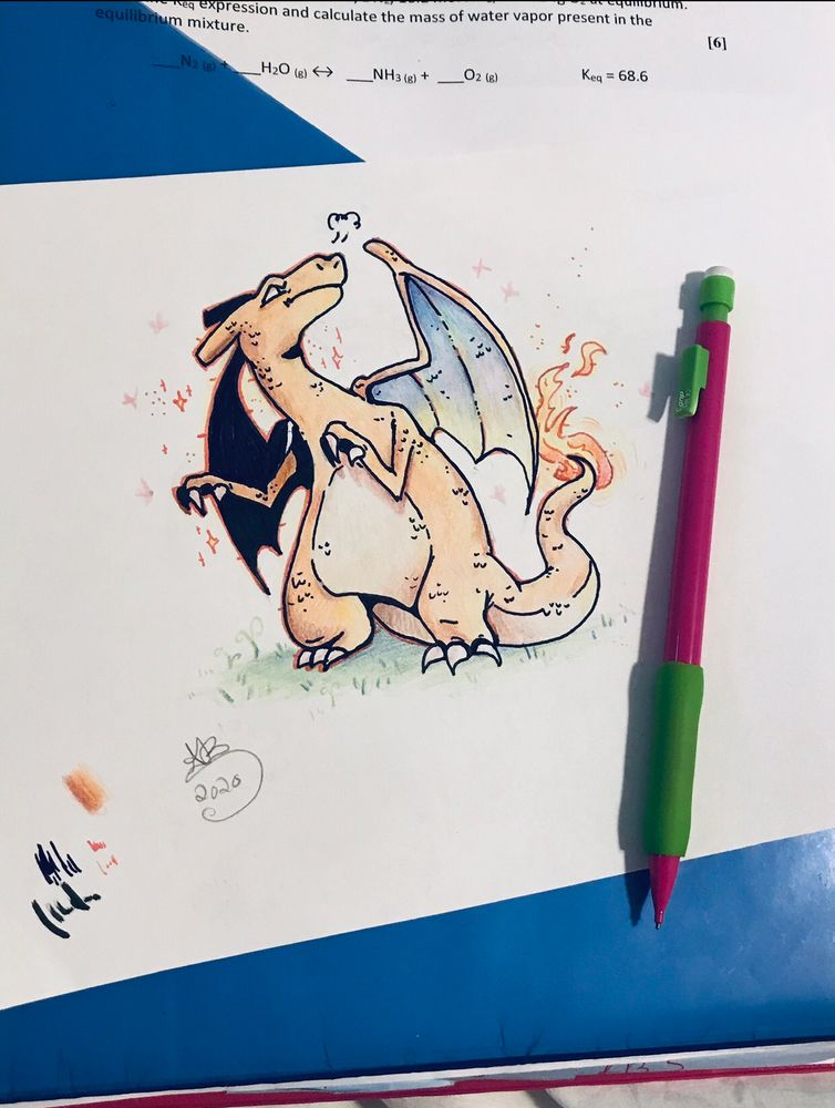 coloured doodle of Charizard from 2020. I think I did this while doing chemistry homework lol