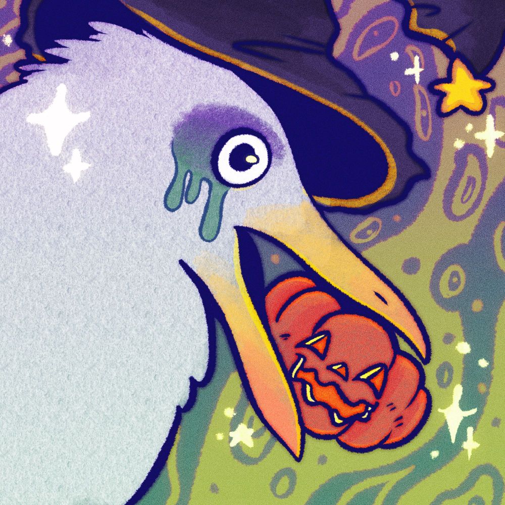 side view of a seagull with a pumpkin in its mouth. It’s wearing a witch hat and some makeup 