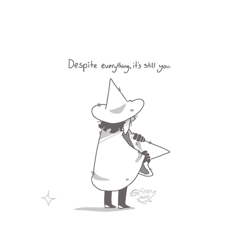 “Despite everything, it’s still you”. 
Siffrin is holding a hat and looking down at it. [It feels familiar. As if you’ve worn this very same hat yourself.] 
There’s a save point behind them. 