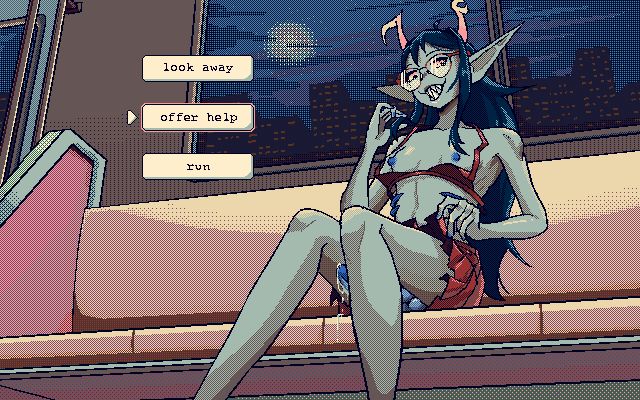 a pixel painting of vriska sitting in an empty train at night, drawn from a low angle, smiling wide and looking down at the viewer. her bra is unhooked and falling, showing her tits, and she is lifting up her skirt. her dick is visible between her legs and dripping on the train seat. on the side are 3 options: "look away", "offer help" and "run". the second has been selected.