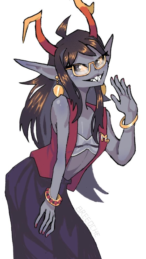 a digital drawing of vriska serket, striking a pose with one hand on her thigh and another up to her face. she is wearing a red vest, a white bra with a black line in the middle, a flowey black skirt, and gold jewellery. she is smiling, showing all of her very sharp teeth.