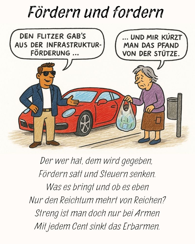 Handgezeichnete Strichzeichnung mit farbigen Filzstiften: Links steht ein braungebrannter, wohlhabender Mann im schicken, etwas engen Outfit. Er posiert stolz neben einem roten Sportwagen auf dem Bürgersteig. Aus seinem Mund kommt eine Sprechblase: „Den Flitzer gab's aus der Infrastrukturförderung …“.

Rechts im Hintergrund, auf demselben Bürgersteig, steht eine ältere Frau in schlichter Kleidung, Rock mit Flicken. In einer Hand hält sie eine Plastiktüte voller Pfandflaschen, mit der anderen sucht sie im Mülleimer nach weiteren Flaschen. Über ihrem Kopf steht eine Gedankenblase: „… und mir kürzt man das Pfand von der Stütze.“

Unter der Zeichnung steht das Gedicht mit dem Titel „Fördern und fordern“:

Der wer hat, dem wird gegeben,
Fördern satt und Steuern senken.
Was es bringt und ob es eben
Nur den Reichtum mehrt von Reichen?
Streng ist man doch nur bei Armen
Mit jedem Cent sinkt das Erbarmen.