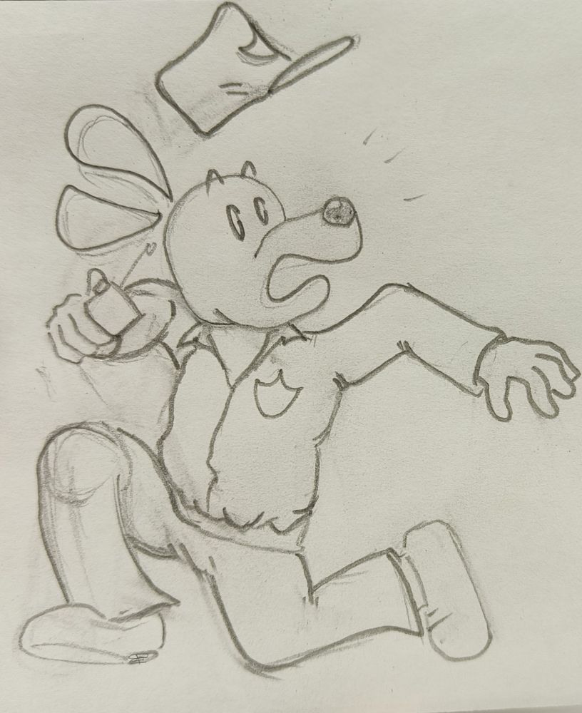 Dogman (movie version) running from something undepicted and out of frame while holding a walkie-talkie. His eyes are wide with raised eyebrows as his head is turned to look behind him, mouth agape as his cap is flying off his head with each step. He is wearing a button-up shirt with the badge shape on it and standard slacks and shoes.