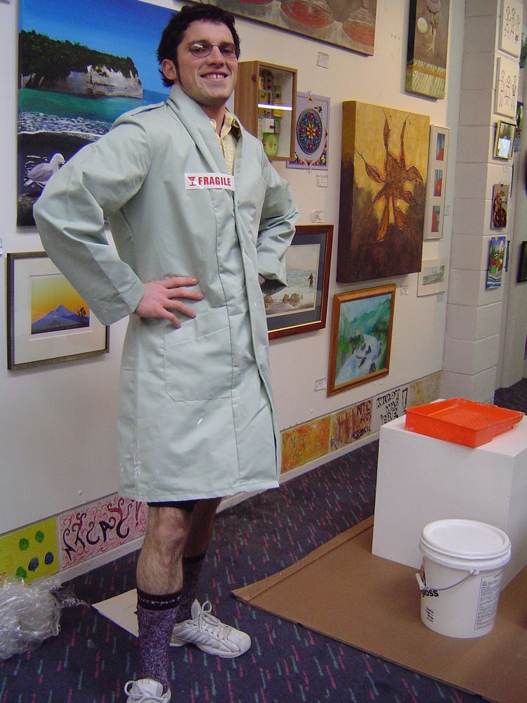 This is me standing in the gallery. socks pulled up and I have a jacket on to stop getting paint on my gear. This was the first time I meet my wife Aho was doing a placement for her bachelor degree. 