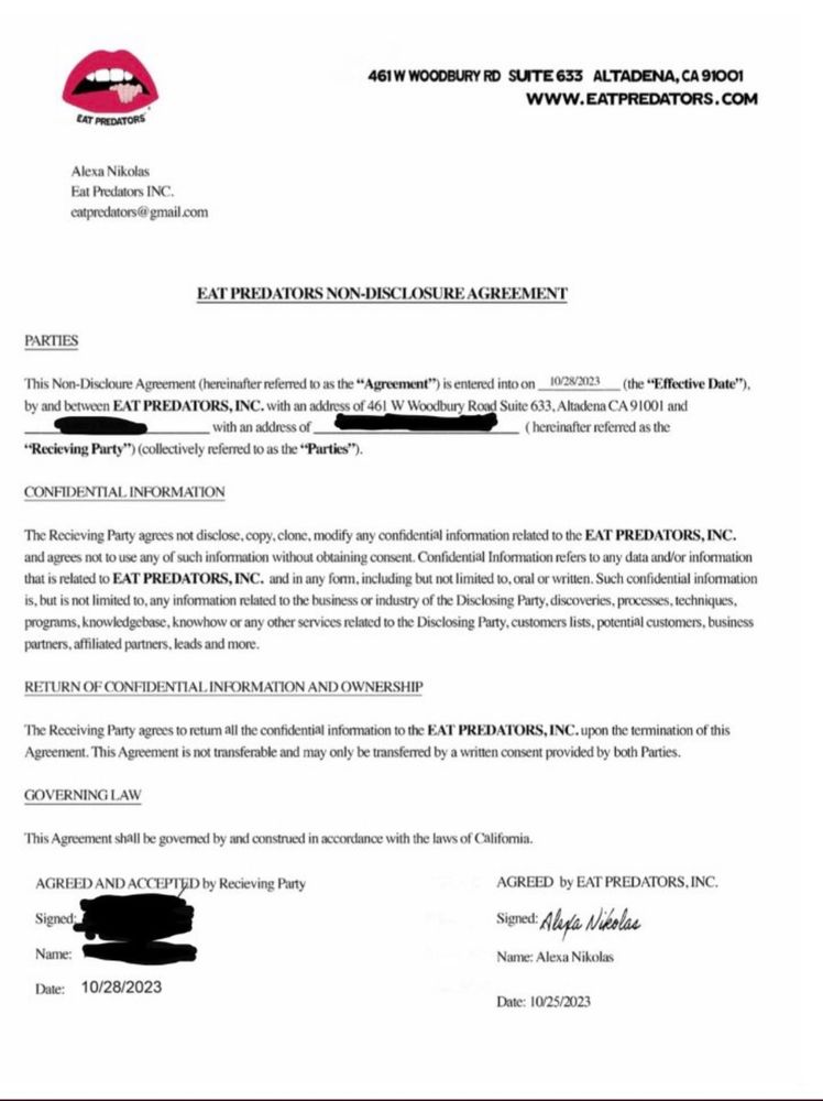 An Eat Predators NDA with survivor information redacted.