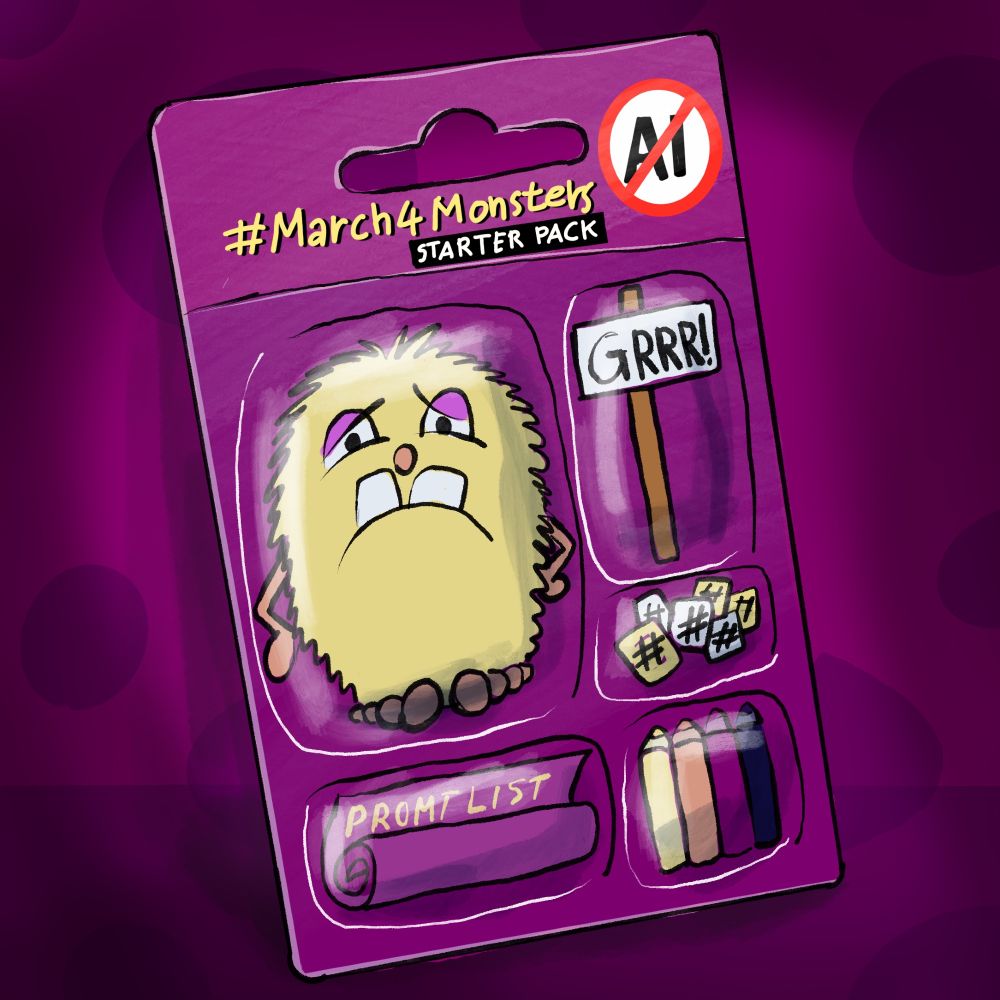 A gorgeous #march4monsters action figure starter pack with a grumpy monster, a “GRRR!" sign, some crayons, a promt list and some hashtags. And everything without AI.