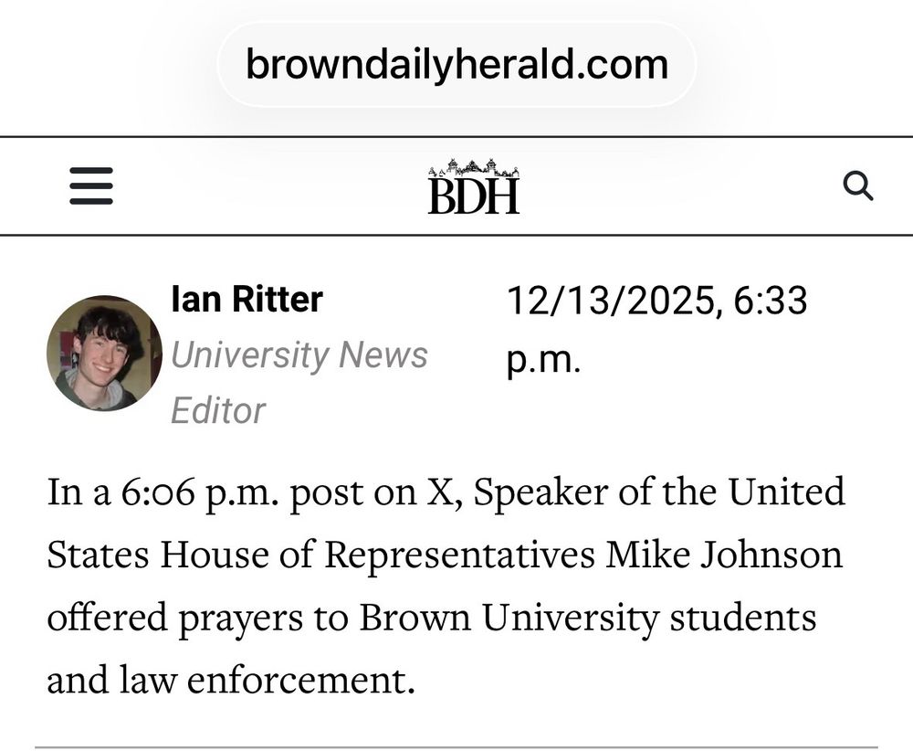 A screenshot of a live post from the student editor of the Brown Daily Herald newspaper that says speaker of the house Mike Johnson “offered prayers to Brown University students and law enforcement”