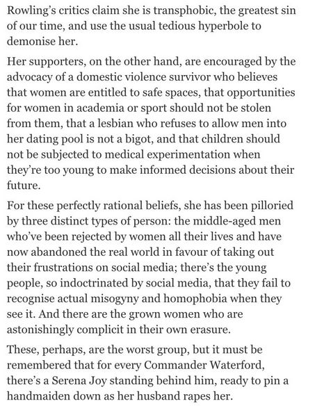 Extract from John Boyne's Irish Independent article, praising JK Rowling and berating people who stand up for trans rights.