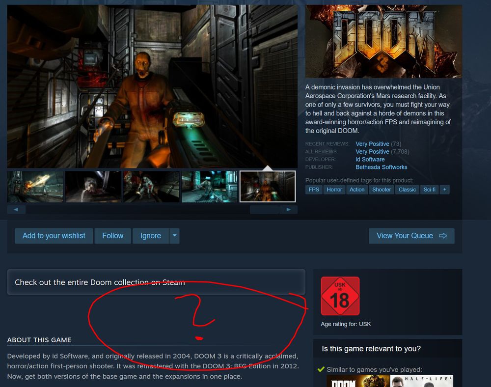 A picture of the Steam store page for Doom 3, lacking the expected purchase button.