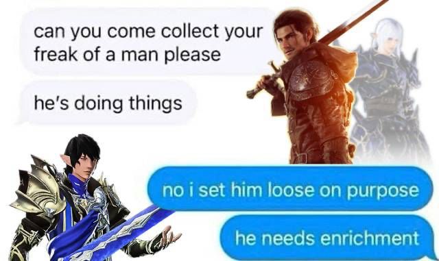 an exchange of texts edited to be about Final Fantasy XIV characters

the default Warrior of Light is saying "can you come collect your freak of a man please. he's doing things" while referring to Estinien

Aymeric replies "no i set him loose on purpose. he needs enrichment"