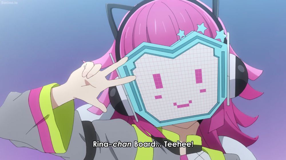 rina tennoji in the love live nijigasaki school idol club anime holding up a sideways peace sign, saying "Rina-chan Board...Teehee!"