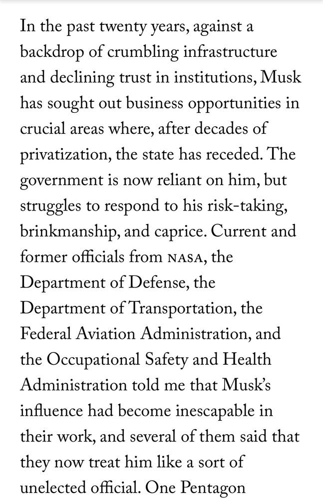 A quote discussing the role that privatization has played in allowing Musk to amass vast power and influence.
