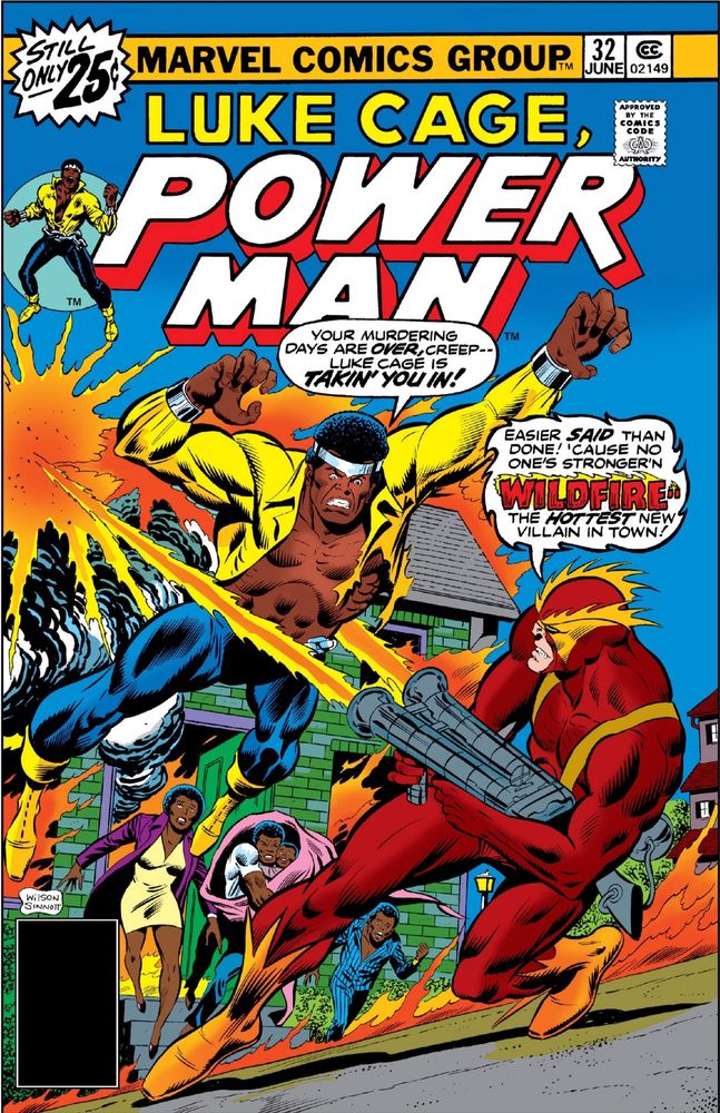 The cover to Luke Cage, Power Man #32 which features Luke’s attacking a white arsonist in Queens called WildFire. 