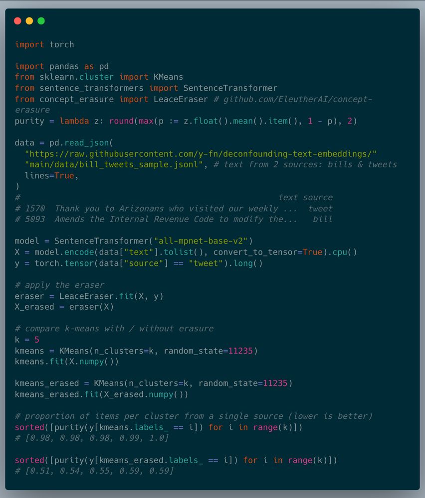 Example clustering code. Can be viewed here: https://github.com/y-fn/deconfounding-text-embeddings/blob/main/cluster_example.py