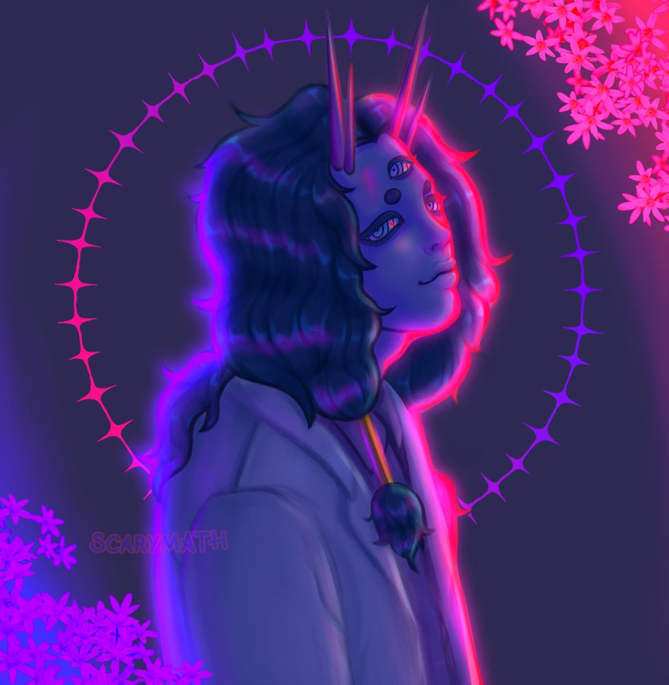 A digital drawing of a purple demon bathed in neon pink and neon purple light. There are pink flowers above and right of him and purple flowers below and left of him.