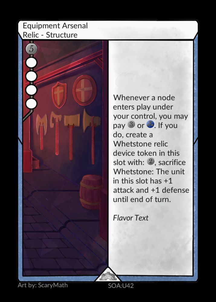 A card that shows the inside of an armory. The armory is bathes in an orange light. On the walls are various types of axes and shields.