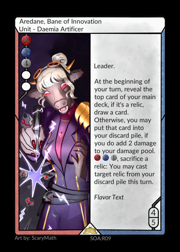 A card that depicts a daemia mage. She is bovine in appearance, with brownish fur and white hair tied up in a bun. She has glowing red eyes framed by pale eyelashes. She's wearing purple robes with a gold pauldron and jewelry. She is laughing as she blows up a maddening puzzle box - the pieces of it flying away. Her face is lit up by the electricity she used to make it explode.