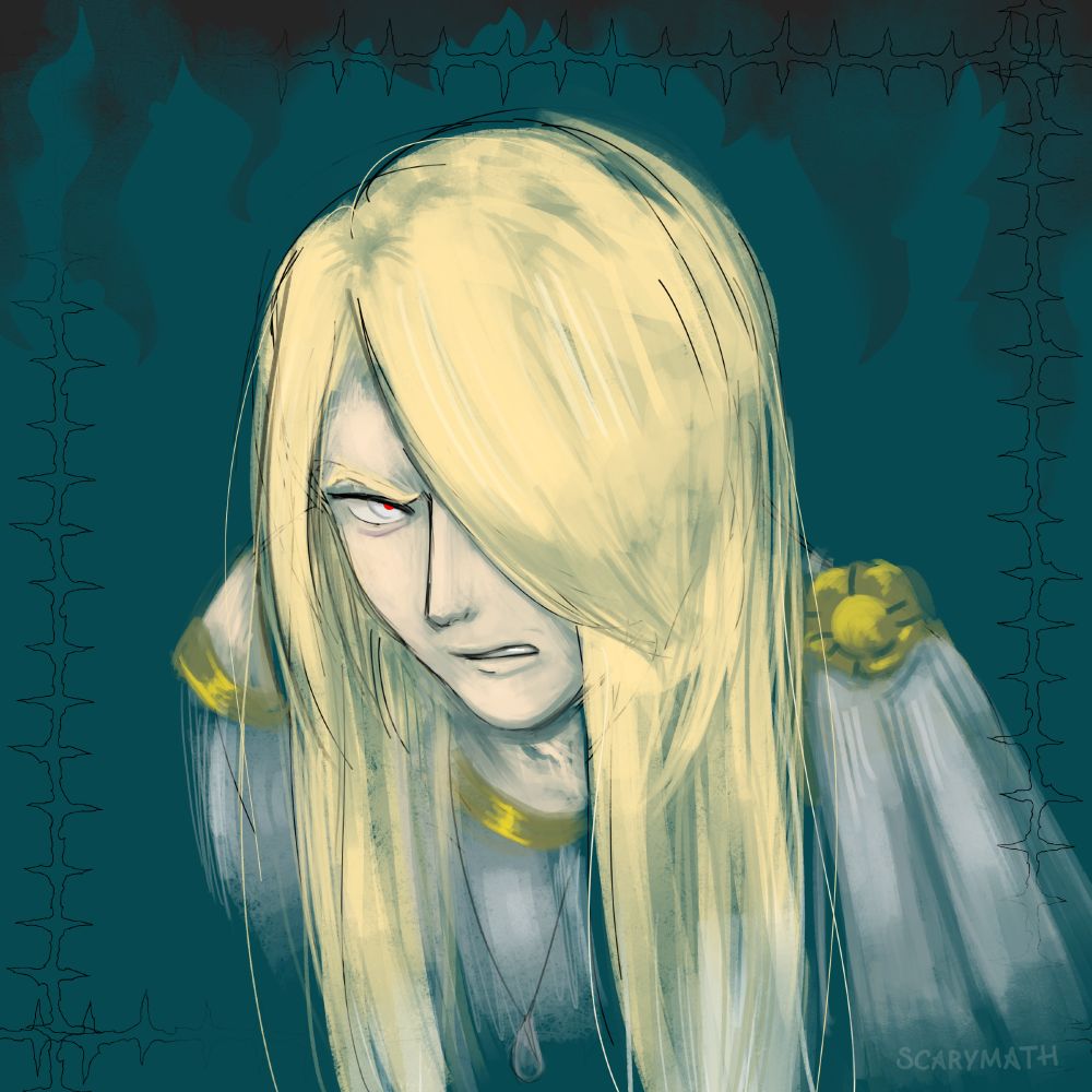 a rough and sketchy digital drawing of volo from pokemon legends arceus. he is wearing the clothes he wears at the end of the game, except his hair has fallen down. he is scowling at the viewer.