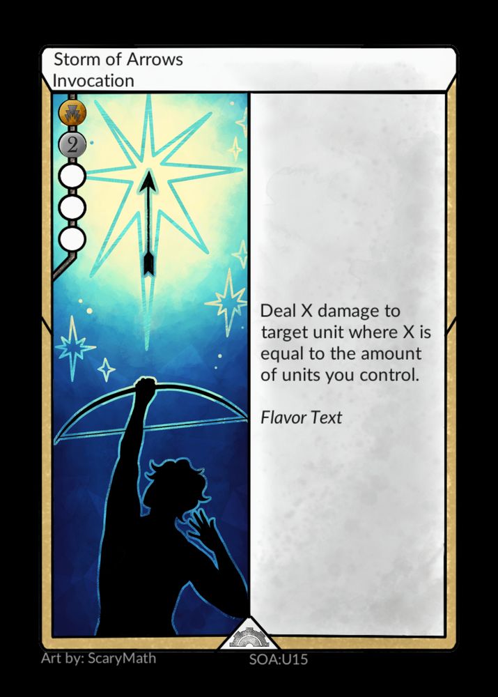 A card that depicts the silhouette of a person with messy hair shooting an arrow into the sky. The arrow emits a pale yellow light that fades into cyans and dark blues. There's multiple stars that surround the glowing arrow.