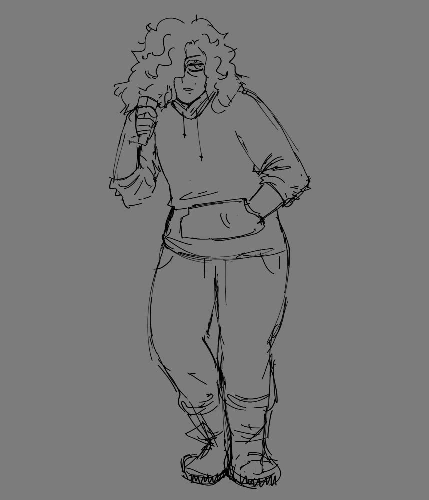 Digital sketch of a person looking tired, holding an energy drink, and wearing a hoodie, sweatpants, and boots.