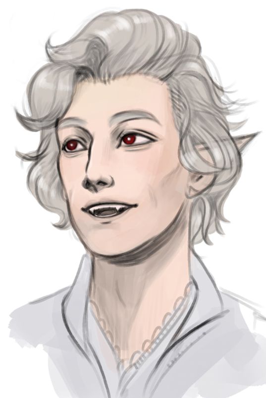 Digital drawing of Astarion from Baldur's Gate 3, smiling and looking slightly upwards.