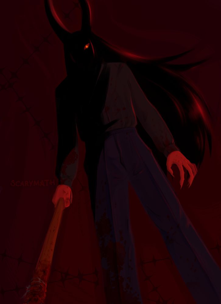 Digital drawing of a demon looming over the viewer. He is holding a bloodied baseball bat adorned with nails and barbed wire. Blood splatters across his body, staining his clothes. His face is obscured in shadow, with the exception of one glowing eye, glaring straight at the viewer.