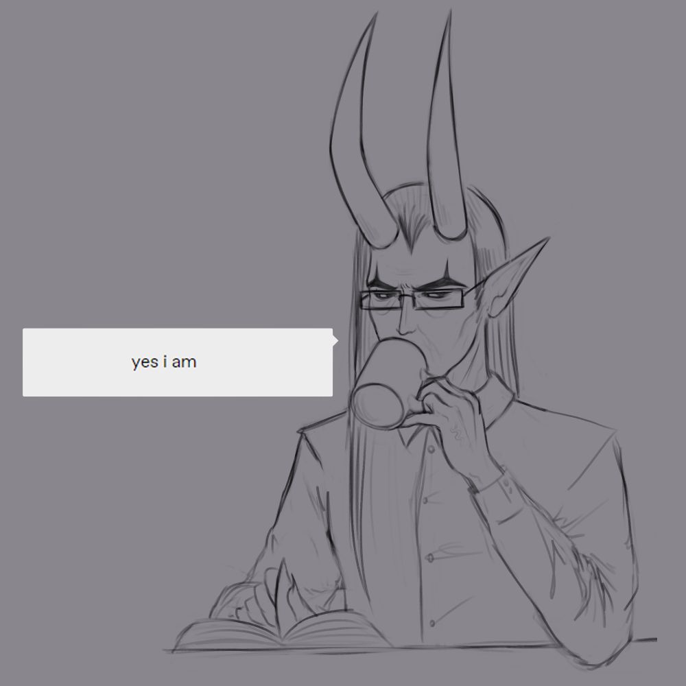 Crimson, reading a book, sipping coffee, and replying "yes i am"