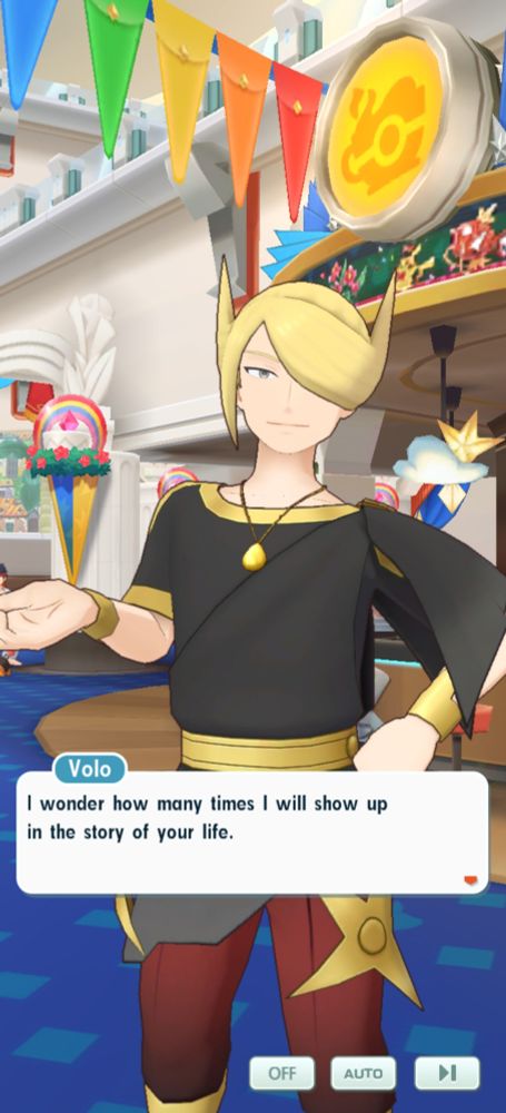 Screenshot of Pokemon Masters EX of Volo saying "I wonder how many times I will show up in the story of your life."