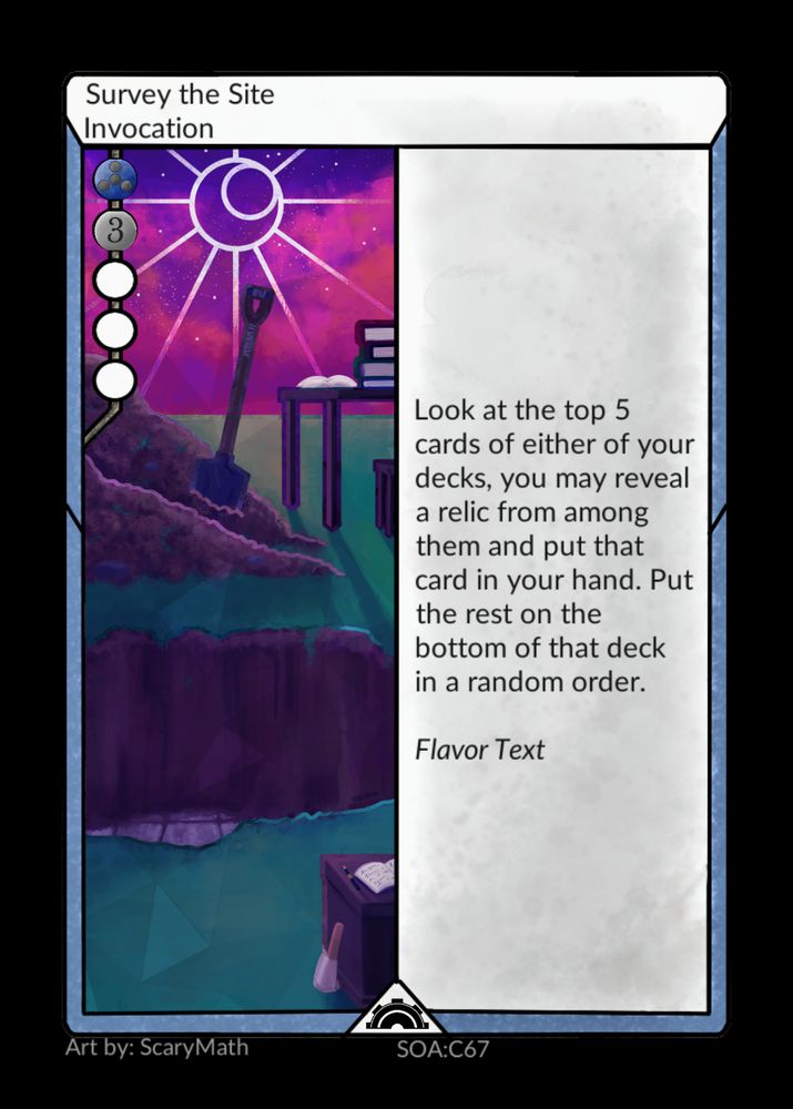 A card that shows an archeological dig site at night. There is a hole dug deep into the ground, with a large dirt pile with a shovel beside it. There's a desk, hastily set up and stacked with books. There's also a wooden box in the foreground with another book on top it, and an excavation brush leaned against it. At the bottom of the site are stones from ruins, dusted away at to reveal them.
