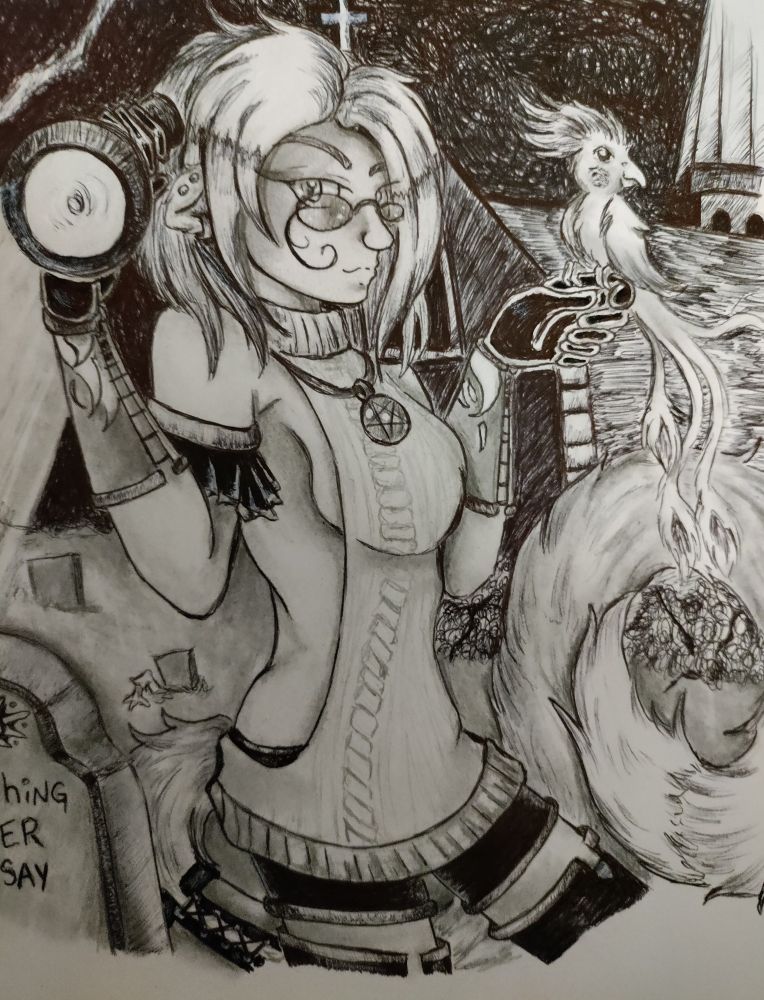 Ember a 'Fossa girl' stands with a flashlight in her right hand and Wick on their left hand. Ember has six fingers on each hand. Around their neck is a pentagram. She's wearing a 'virgin killer' sweater and short shorts. Her tail is curled showing how long it is. Behind her in the night is an old church yard with tombstones littering the grass. One of the graves seems to have a zombie crawling out of it. 