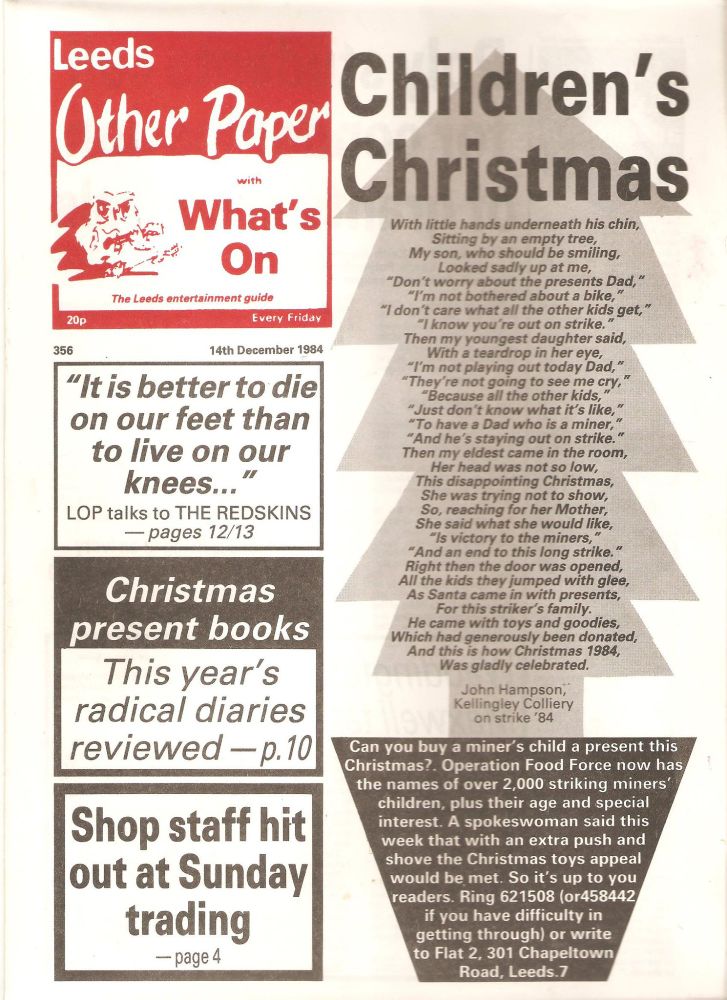Leeds Other Paper front page 14 Dec 1984 - Children's Christmas poem by a striking miner.