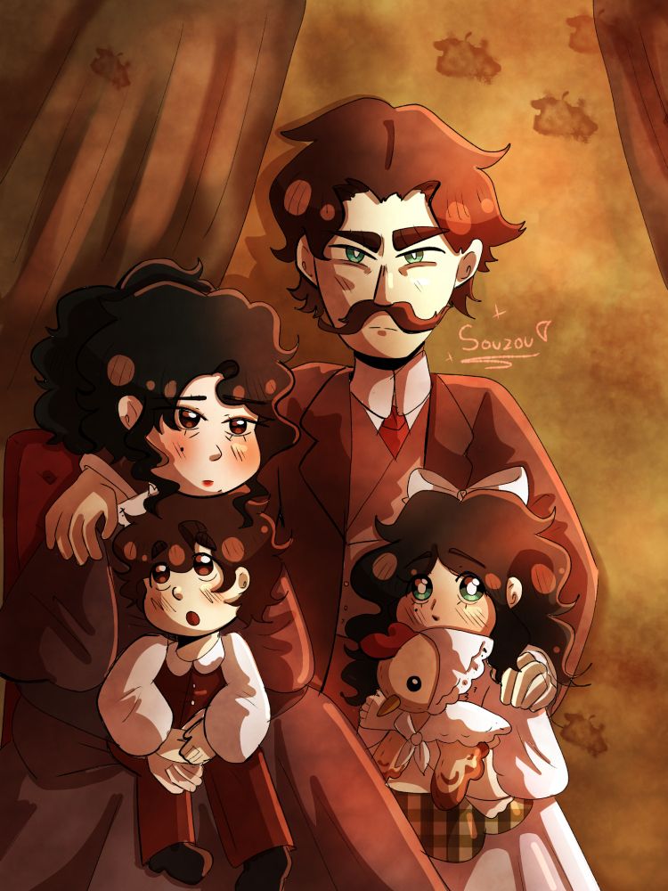 A family portrait in the style of a Victorian photograph. A family of four is posing in front of curtains. The dad is standing up and holding the shoulder of his daughter and wife (that is sitting on a chair). There is a little boy on the laps of his mother and the little girl is holding a chicken plush. 