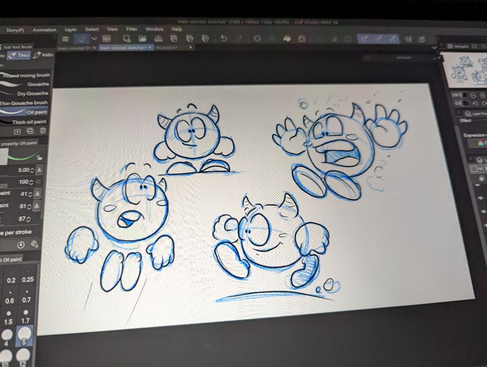 Four sketchy drawings of a spherical cartoon character with two horns and floating appendages in various poses (jumping, falling, idling and walking)