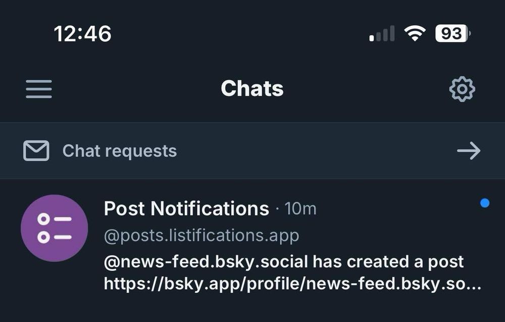 A screenshot showing Post Notifications notifying via a DM about a post by @news-feed.bsky.social.