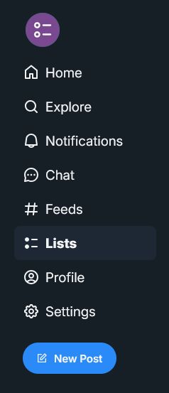 Screenshot of the left menu of Bluesky, with "Lists" highlighted.