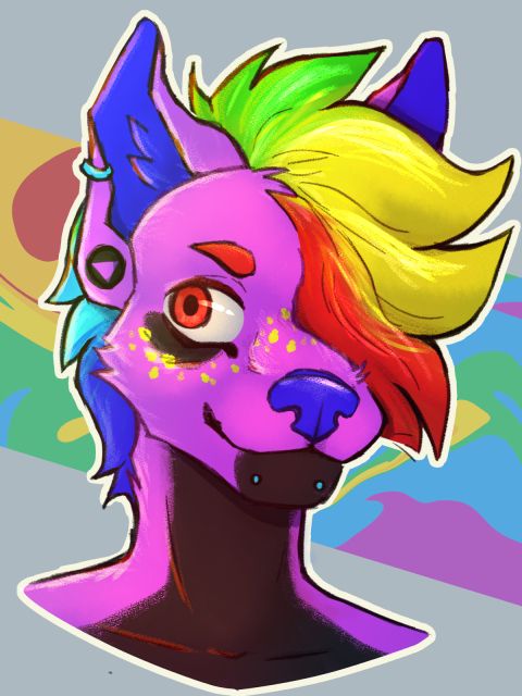 Bustshot drawing of a pink anthropomorphic canine with rainbow hair that covers one side of the face.