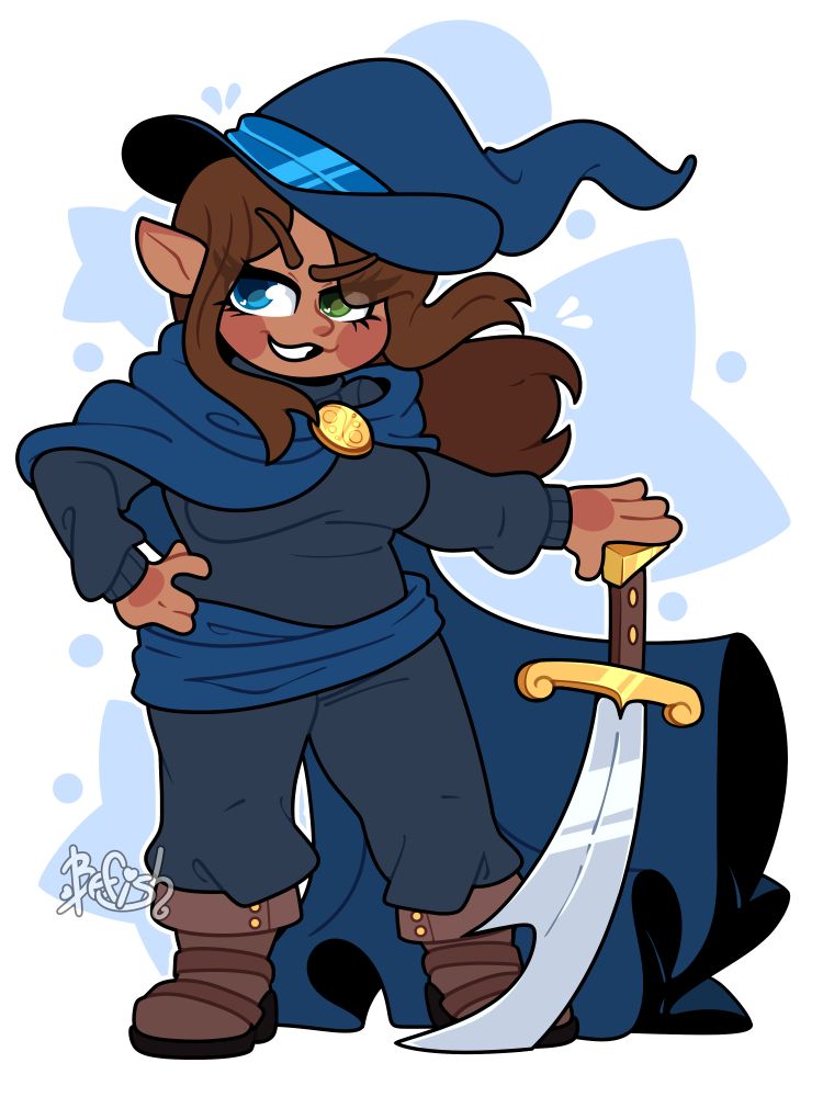 illustration of zala zuri, a genderfluid elven mage with long brown hair, tan skin, and blue and green eyes. they are in their fem form. she is wearing a blue wizard hat, cloak, and sash, brown boots, and dark blue underclothes. she is holding onto her scimitar which she has planted in the ground and displaying a cocky grin.