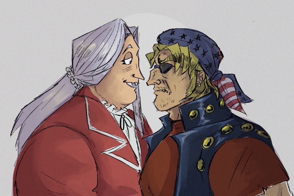 A drawing in a sketchy lineart style, roughly coloured and shaded of Bandit Keith and Maximillion Pegasus from Yu-Gi-Oh! They are facing each other, Pegasus is fatter than in canon and has his hair in a ponytail save for one strand that hangs down facing away from the viewer. His mouth is open revealing prominent buck teeth. 
Keith is cowling in response. He has side burns, unlike canon. 
Image is ateloshipping. 