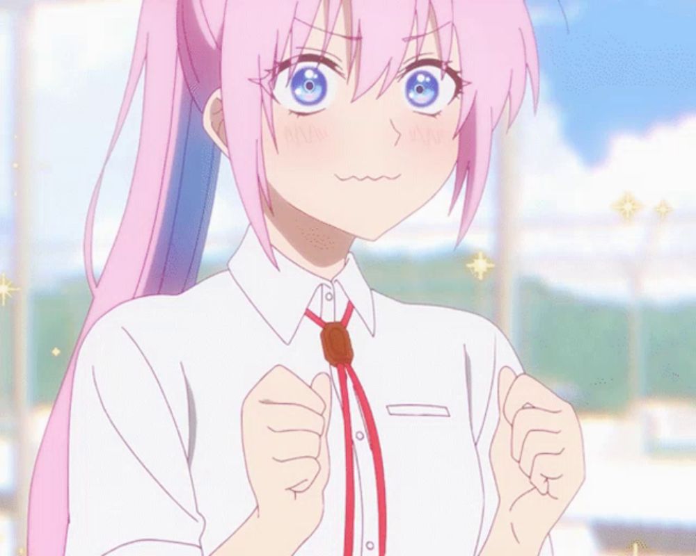 a girl with pink hair and blue eyes is wearing a white shirt and a red tie