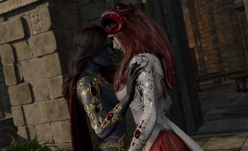 Deevora and Deeva pressing their foreheads against each others 