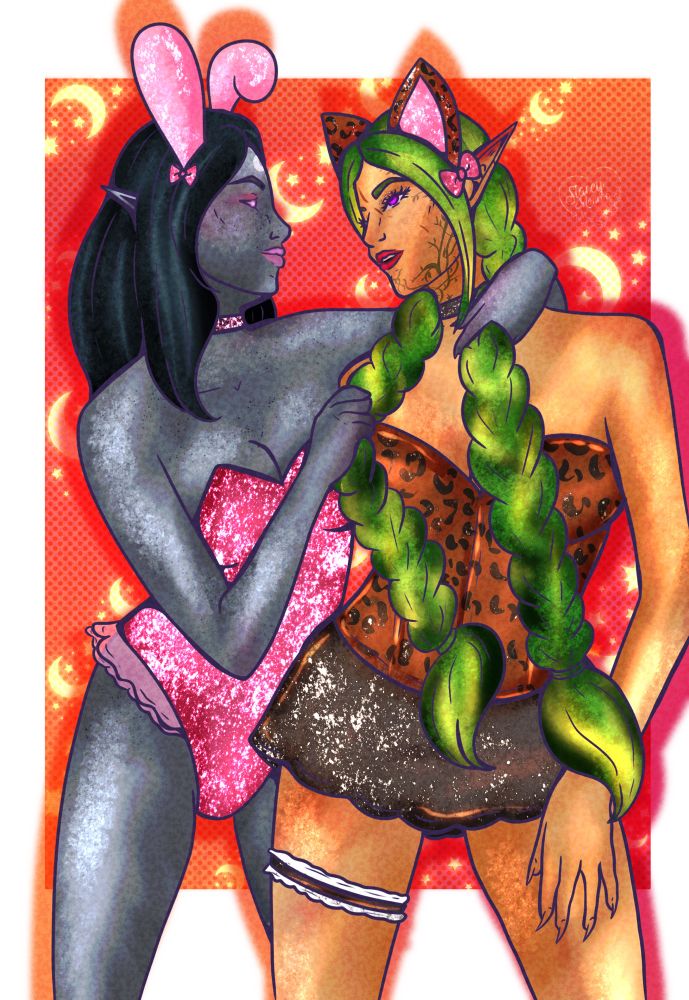 Luna and Ray, standing next to eachother Luna is playing with Rays green and yellow hair. Both are flirting wearing a bunny and cat costume.