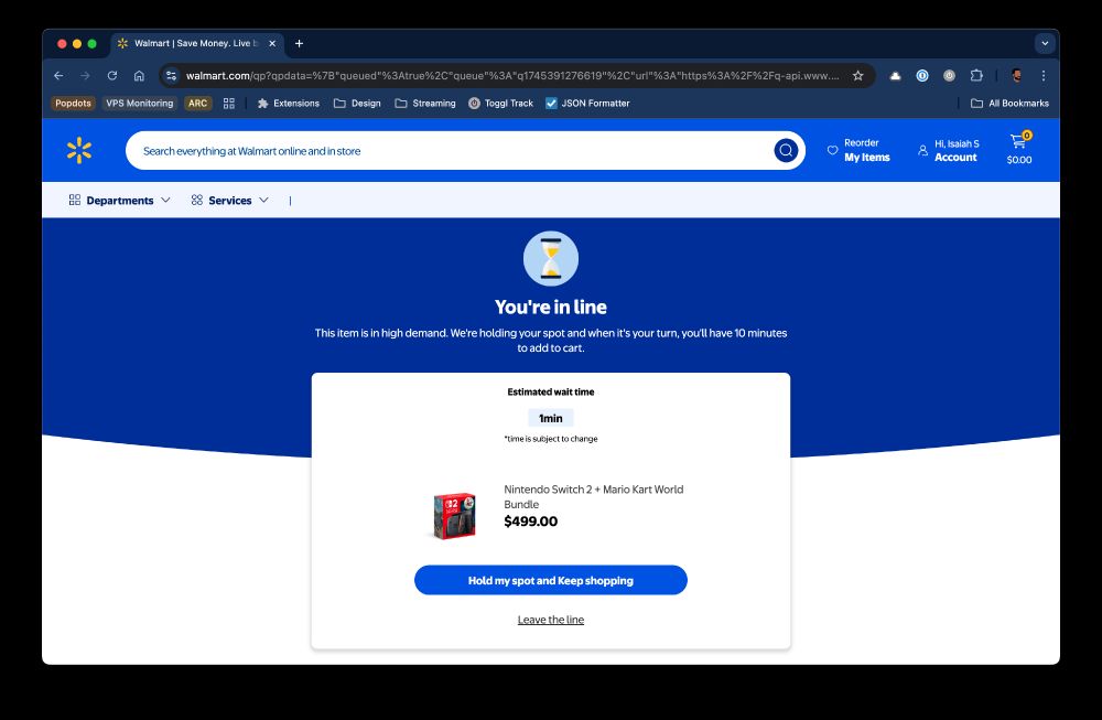 Walmart switch countdown page showing "1 min"
