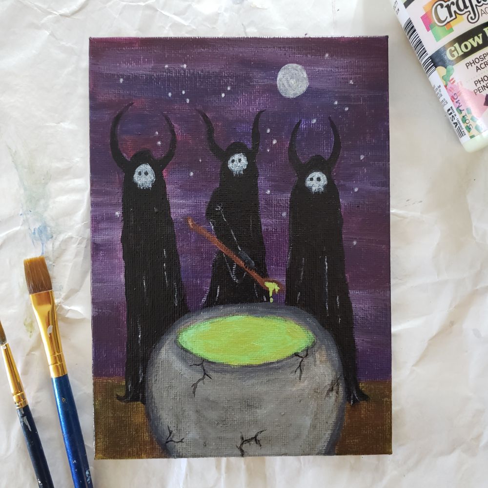 3 witches

Acrylic on 5x7 acrylic board with glow acrylic accents (shows up better in person)
