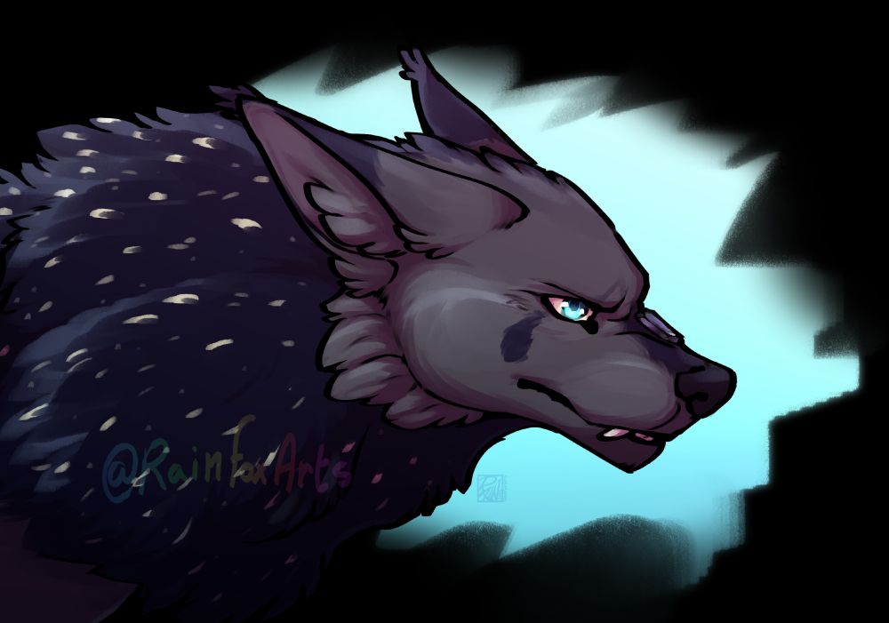 Digital art bust of a large gray and off-black wolf in profile view, showing his fangs. He has blue eyes and an obsidian gem on his muzzle. [Obsidian]