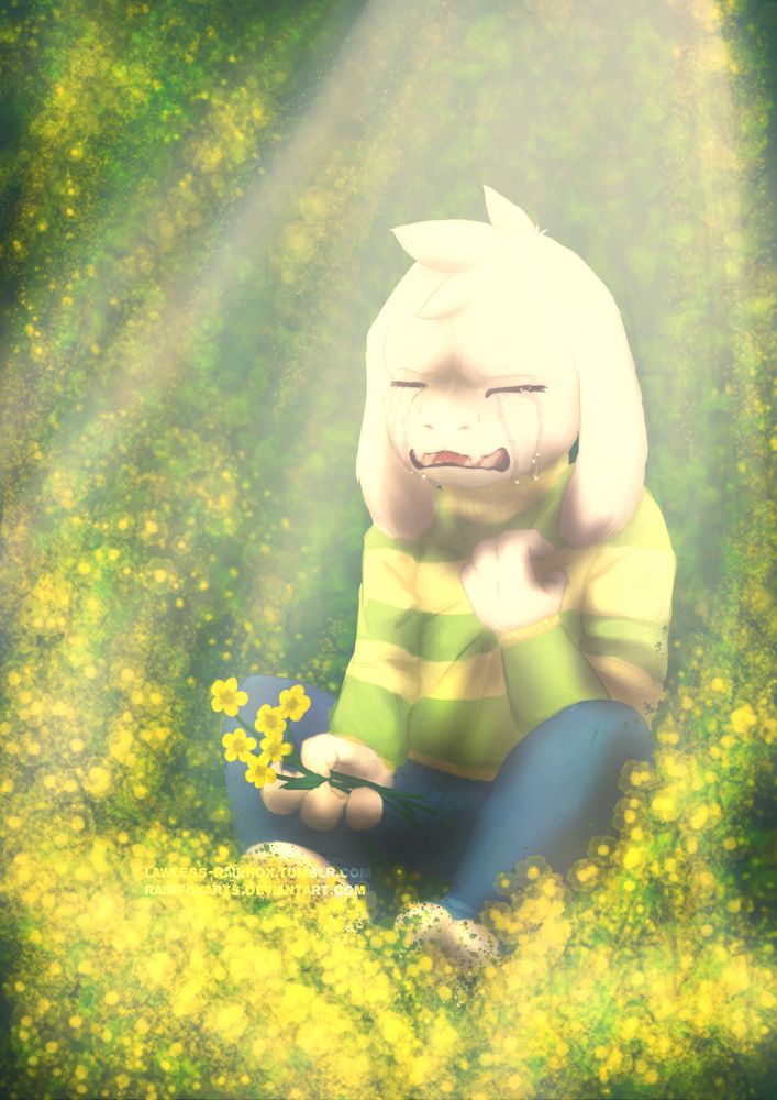 Digital art of Asriel from Undertale crying in a sunny patch of golden flowers.