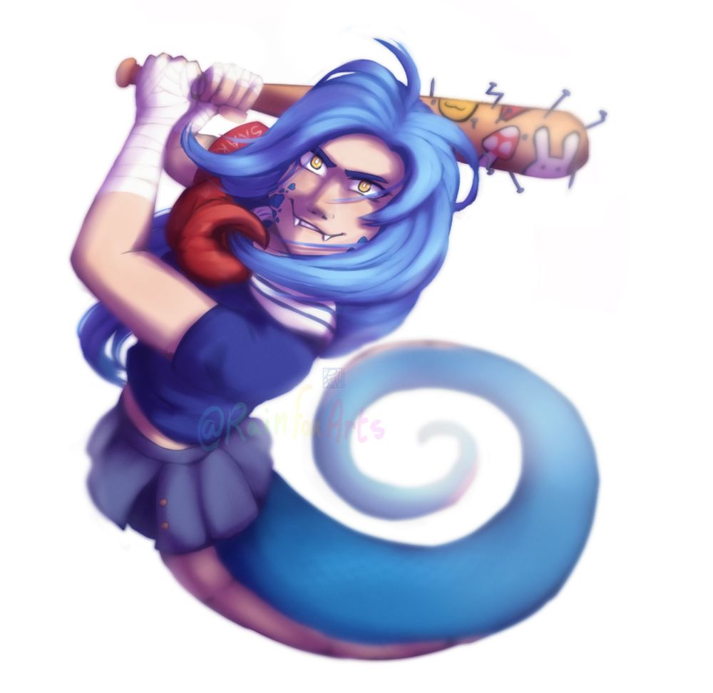 Painterly digital art of a blue lamia character wearing a sailor uniform, swinging in with a nail bat while smiling mischievously. [Mimi Mamushi]